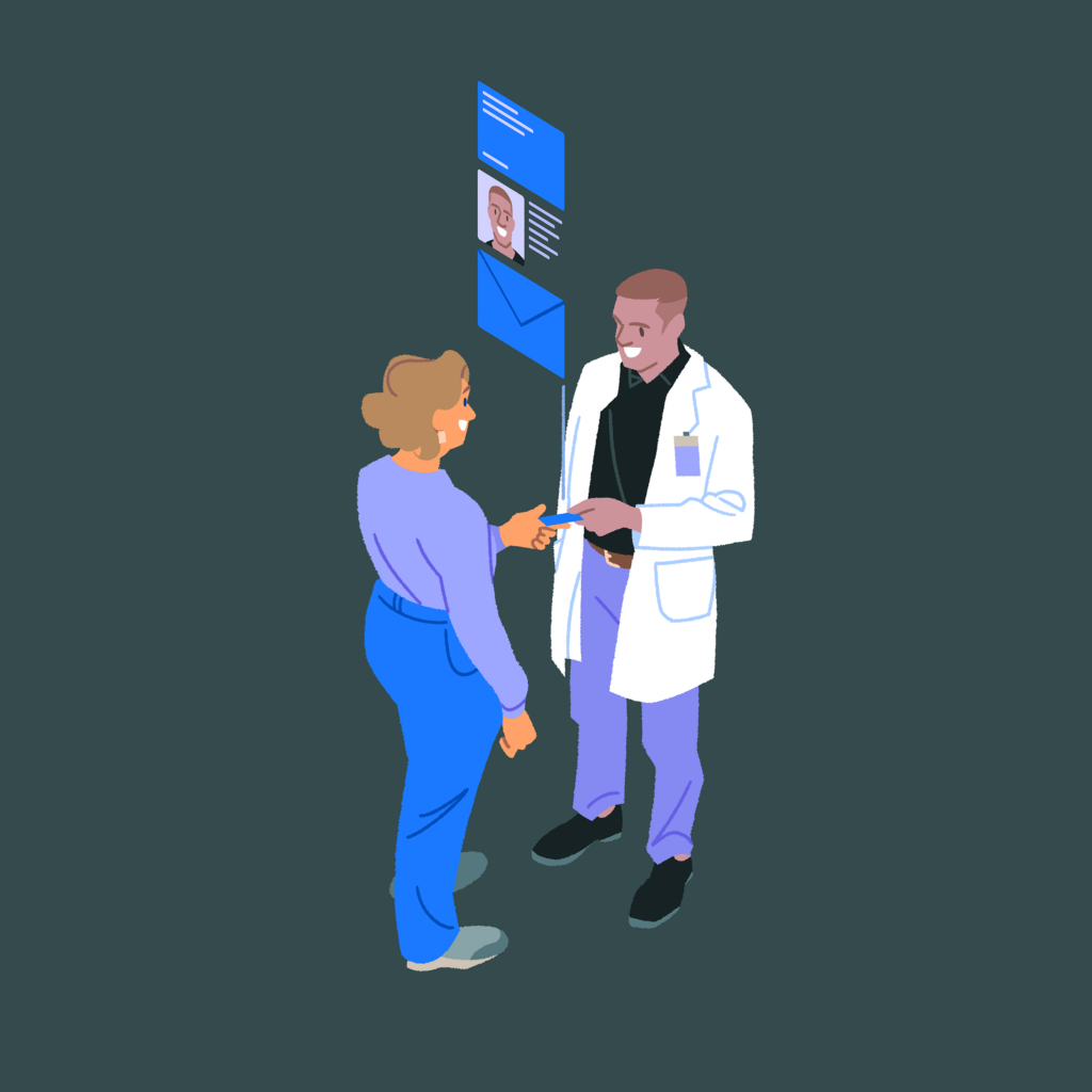 Illustration of a health-system pharmacist handing a card to a patient. Interface elements resembling contact information are highlighted.