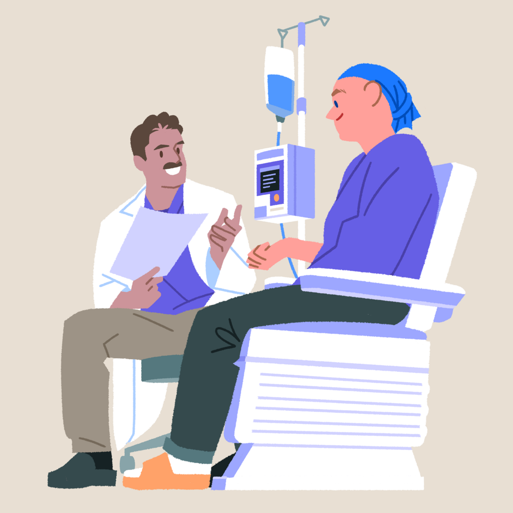 Illustration of a health-system pharmacist discussing medication details with a patient who is receiving fluid through an IV.