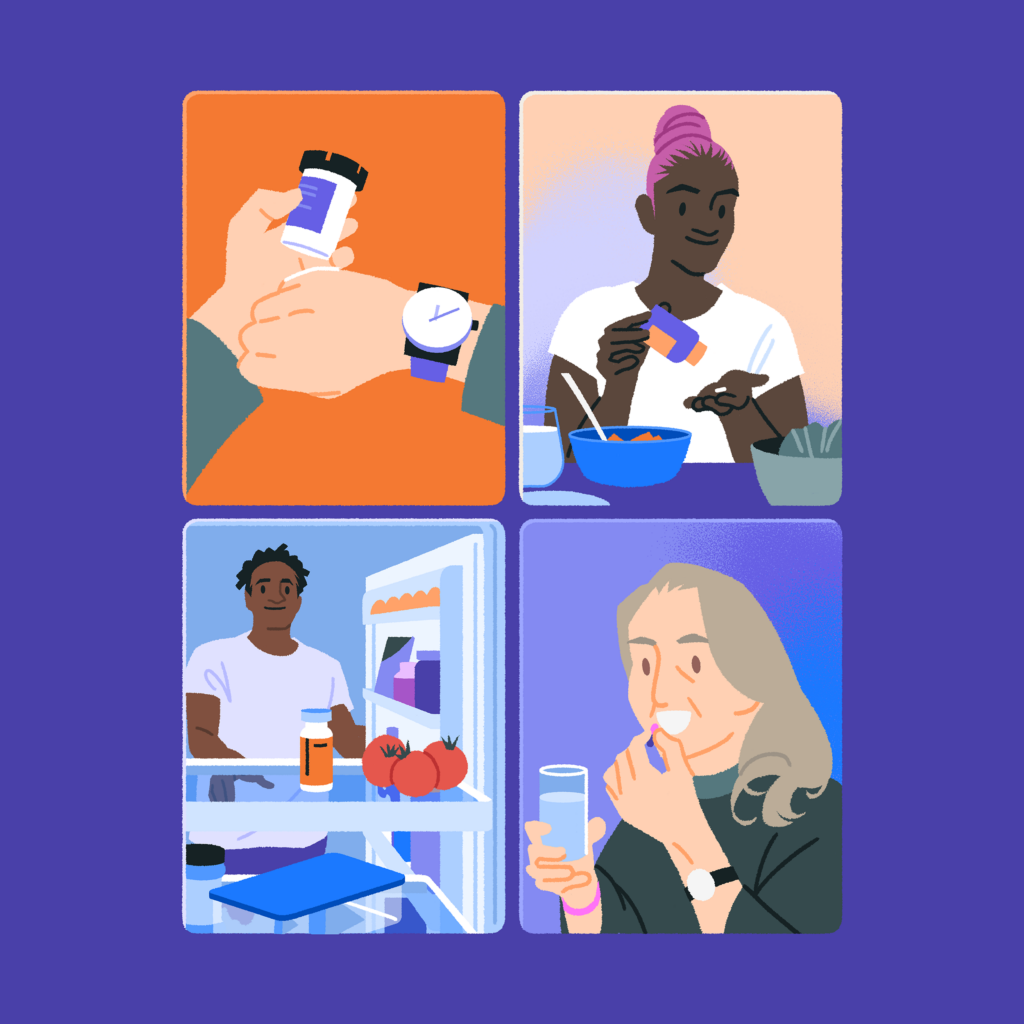 Illustration of a four scenes in which patients are taking the medications prescribed to them in accordance with their health-system pharmacist's instructions.