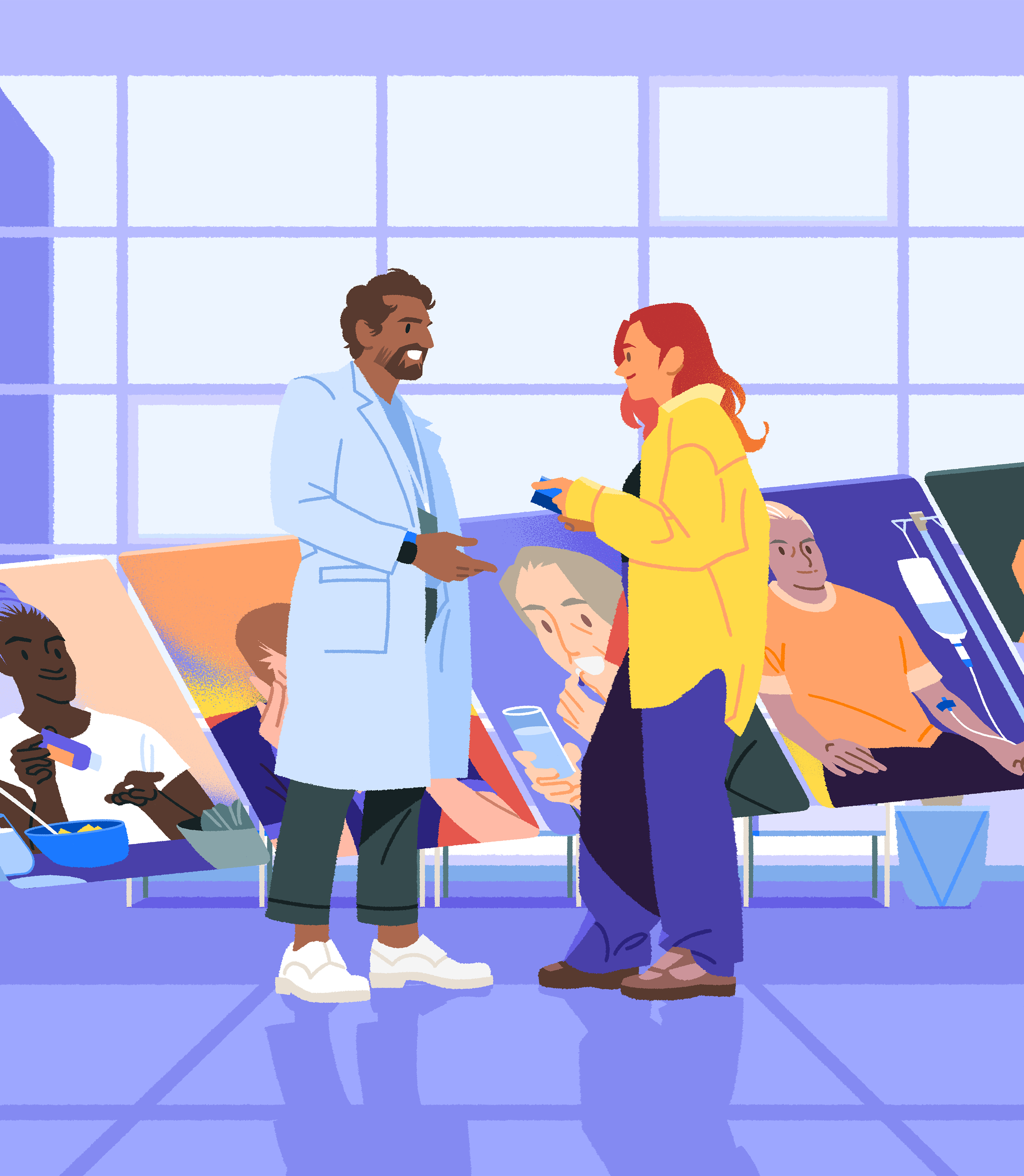 Illustration of a health-system pharmacist talking with a patient. Various patient concerns are depicted in the scene behind them.