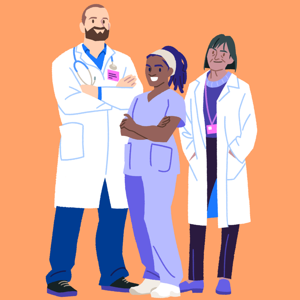 Illustration of three health-system pharmacists in scrubs and white lab coats, standing together against an orange background.