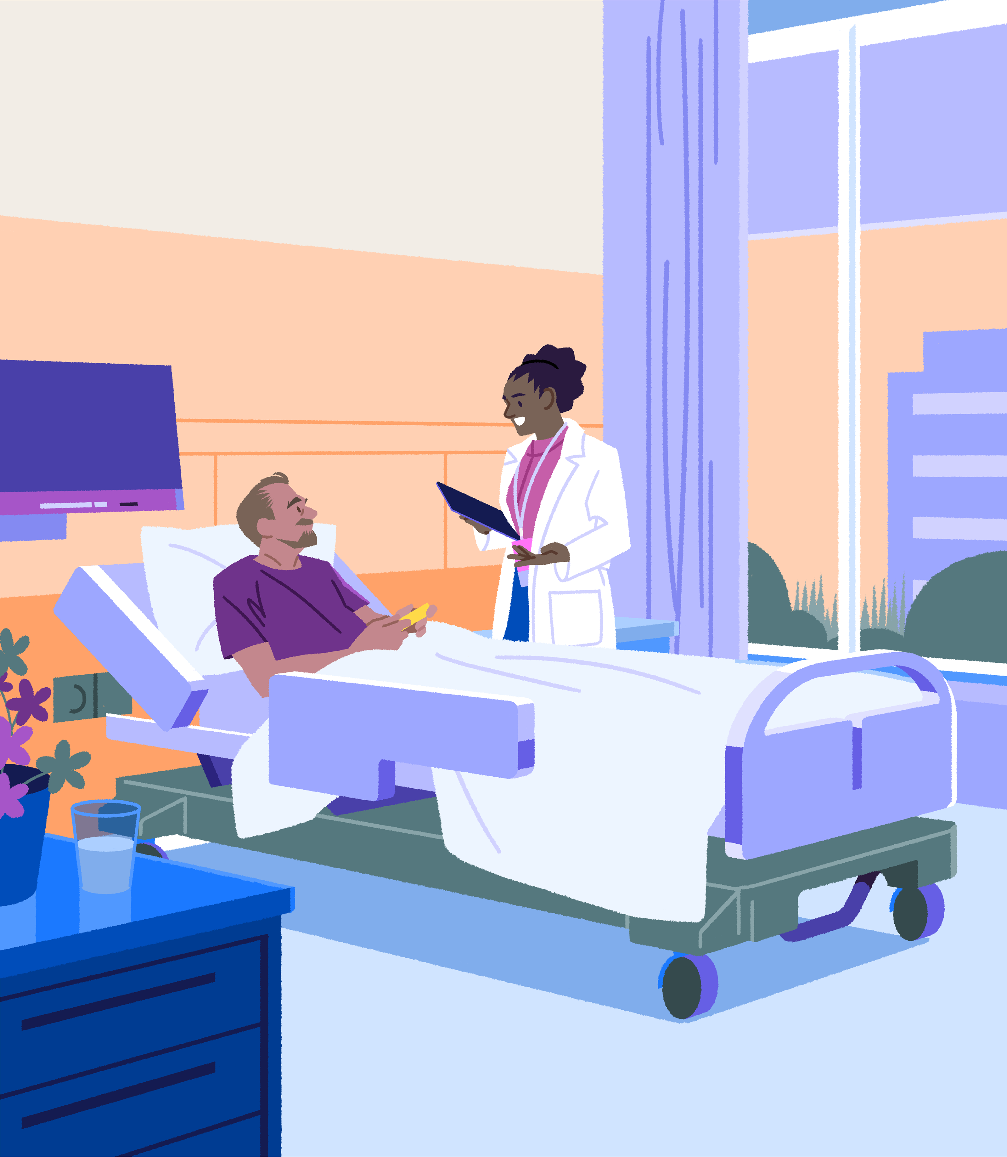 Illustration of a health-system pharmacist attending to a patient in a hospital room with an orange-hued sky visible through the window.